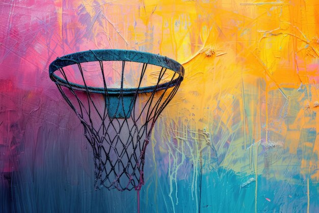 abstract painting of a netball hoop with a vibrant gradient background