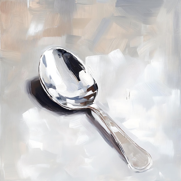 Abstract Painting of a Silver Spoon on a White Background