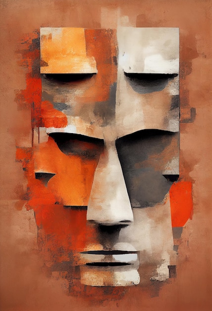 Abstract Painting of Stone Face Native People, Ethnic Oil Painting