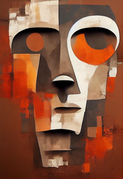 Abstract Painting of Stone Face Native People, Ethnic Oil Painting