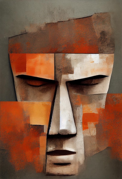 Abstract Painting of Stone Face Native People, Ethnic Oil Painting