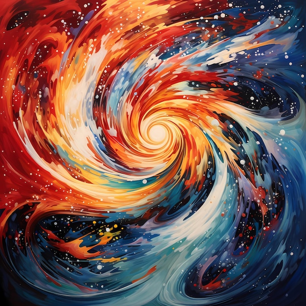 An abstract painting of swirling colors and geometric shapes that evoke a sense of movement and ener