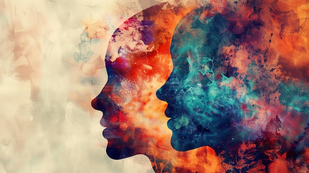 Photo abstract painting of two faces in profile one red and one blue with swirling colors and a nebulalike background