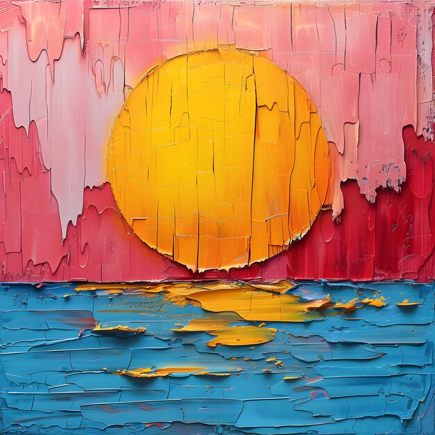 abstract painting using brush strokes depicting a large yellow sun setting over a body of water