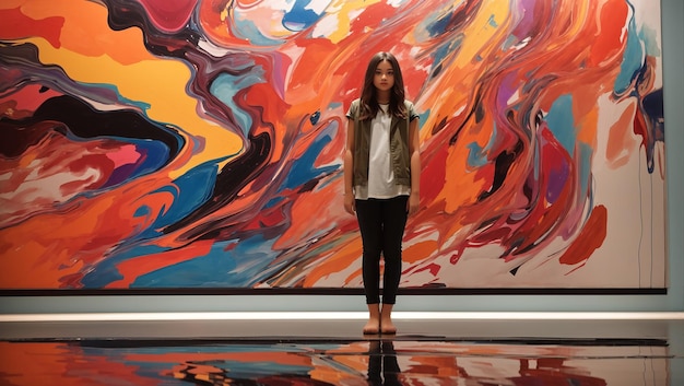 An abstract painting with bright colors and a woman standing in front of it