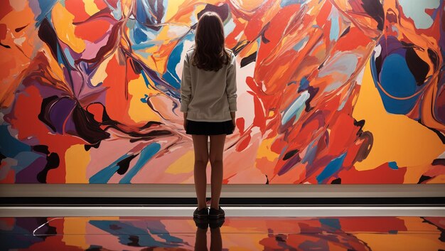 An abstract painting with bright colors and a woman standing in front of it