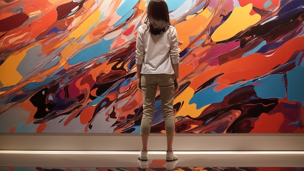 An abstract painting with bright colors and a woman standing in front of it