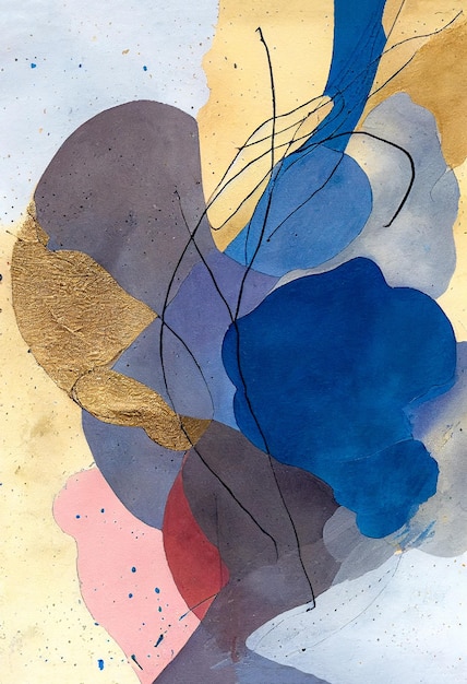 An abstract painting with gold and blue colors