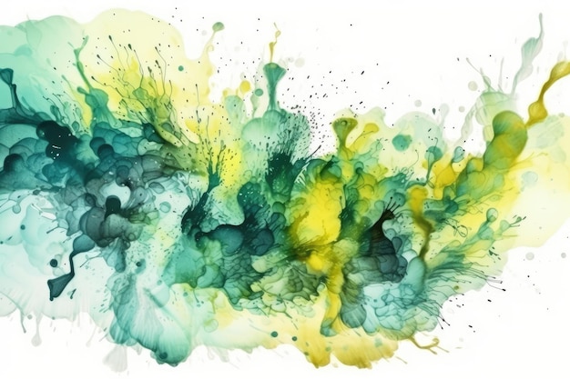 An abstract painting with green and yellow hues on a white canvas