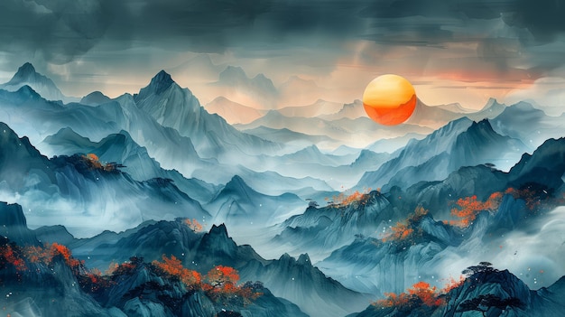 An abstract painting with mountains hills clouds and sun The painting is inspired by an oriental painter who used watercolors to paint the landscape the sun the hills and the clouds