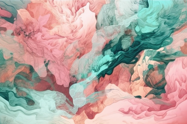 An abstract painting with pink blue and green colors blending together