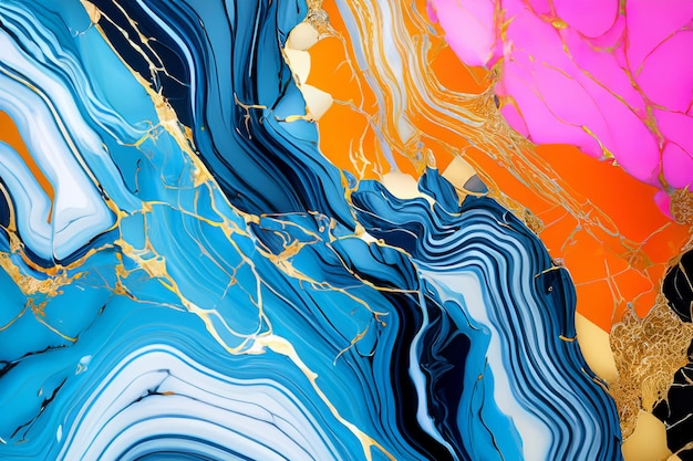 Abstract painting with swirling blue orange and pink colors with gold accents