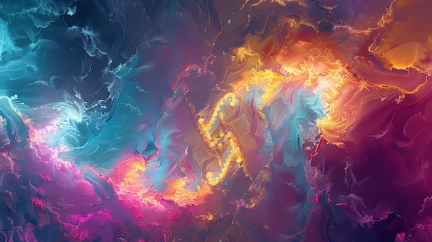 Abstract painting with vibrant colors and swirling patterns reminiscent of a nebula or cosmic landscape