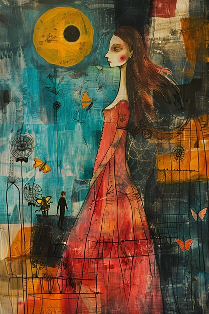 Abstract painting with woman in red dress yellow moon and butterflies