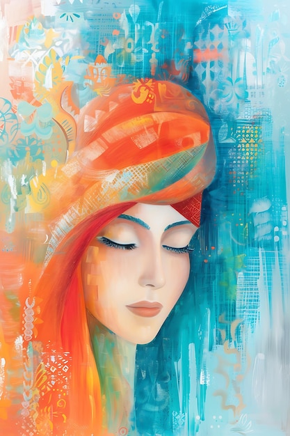 Abstract Painting of a Woman With Red Hair and Orange Headscarf