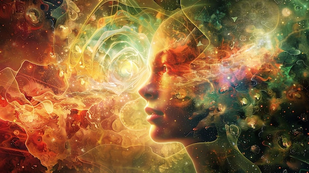 Abstract painting of a womans face surrounded by swirling cosmic energy