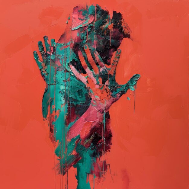 abstract painting of a womans hand on a red background