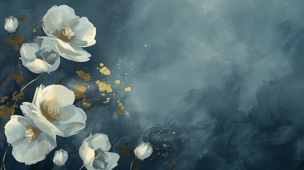 Abstract Paintings of White Flowers Adorned with Gold and Dark Hues