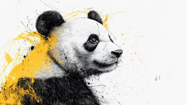 Abstract Panda Side View Yellow Black Pen Art