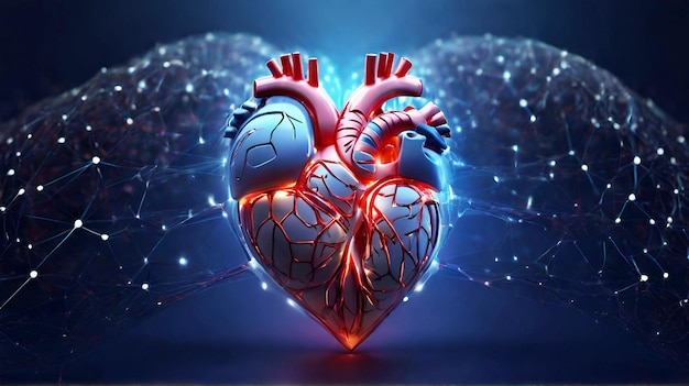 Abstract Panorama of a Glowing Human Heart Interconnected with Digital Nodes Illustrating Cardiolog