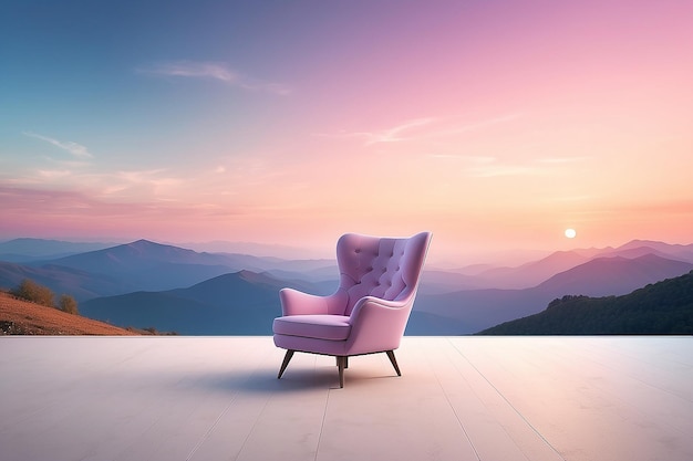 Photo abstract panoramic background fantastic landscape with armchair and pastel gradient sky