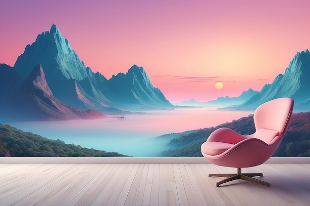 Photo abstract panoramic background fantastic landscape with armchair and pastel gradient sky