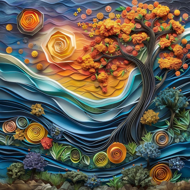 Abstract paper art depicting a layered landscape with a variety of textures and vibrant colors showcasing artistic depth