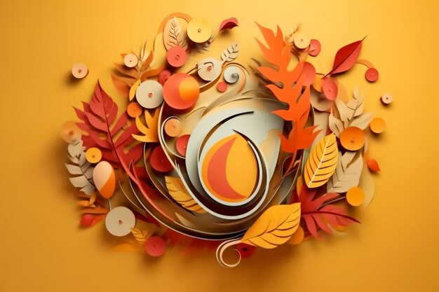 An abstract paper cut out collage of a autumn elements in the colors of brown orange yellow and gr