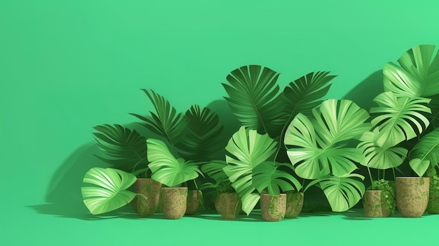 Abstract paper tropical leaves monstera palm green background minimal style 3d render