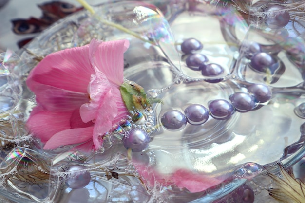 Abstract pastel background delicate pink mallow flower pastel beads among soap bubbles closeup