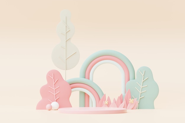 Abstract Pastel of nature flowers leaves and tree plants with Podium stand platform Cute Cartoon natural landscape background Scene of spring colorful plants with minimal design 3D Render