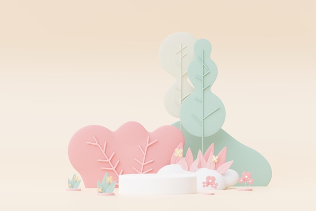 Abstract Pastel of nature flowers leaves and tree plants with Podium stand platform Cute Cartoon natural landscape background Scene of spring colorful plants with minimal design 3D Render