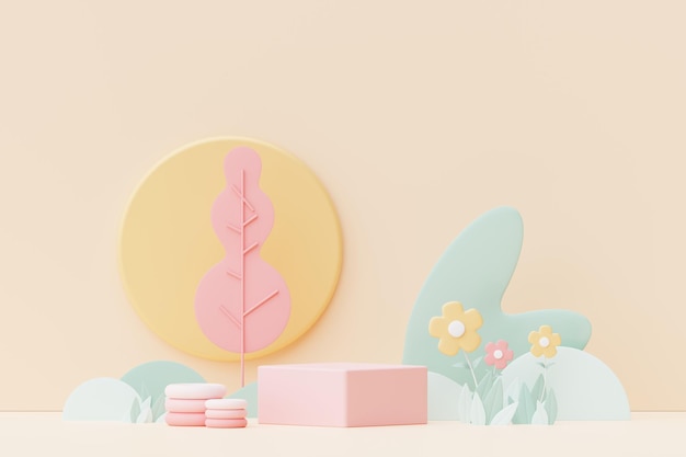 Abstract Pastel of nature flowers leaves and tree plants with Podium stand platform Cute Cartoon natural landscape background Scene of spring colorful plants with minimal design 3D Render