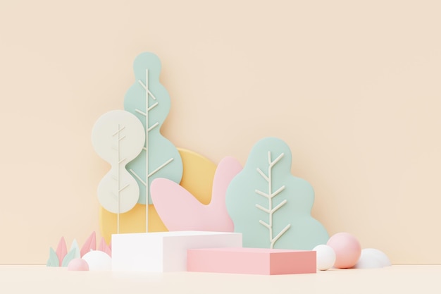 Abstract Pastel of nature flowers leaves and tree plants with Podium stand platform Cute Cartoon natural landscape background Scene of spring colorful plants with minimal design 3D Render