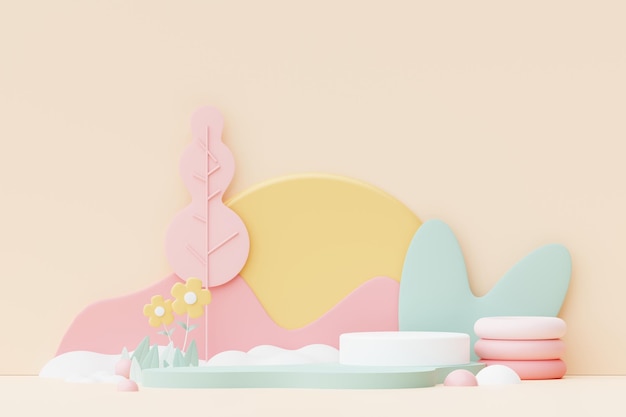 Abstract Pastel of nature flowers leaves and tree plants with Podium stand platform Cute Cartoon natural landscape background Scene of spring colorful plants with minimal design 3D Render