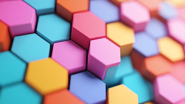 Abstract pattern of colorful hexagons and squares side view bright natural light