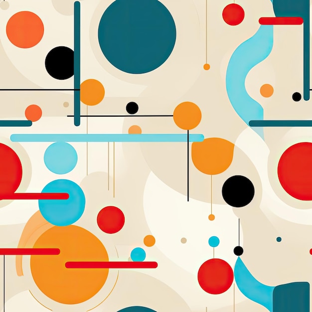 Abstract pattern with colorful circles and shapes in a retrofuturistic style tiled