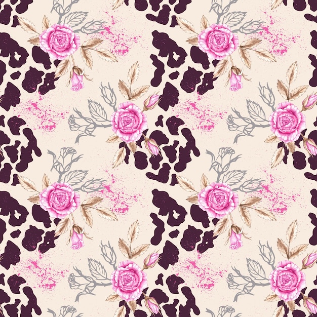 Abstract pattern with rose flowers animalistic print on beige background