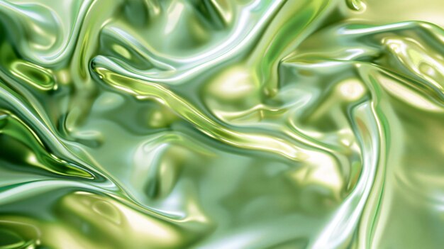 Abstract pea green gradient background featuring holographic liquid gloss with fluid shapes