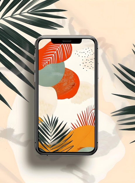 Abstract Phone Wallpaper With Palm Leaves and Colorful Shapes