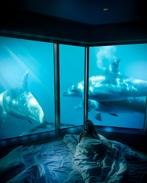 Photo abstract photograph of a luxurious underwater hotel room with an aquatic bedroom in an aquarium