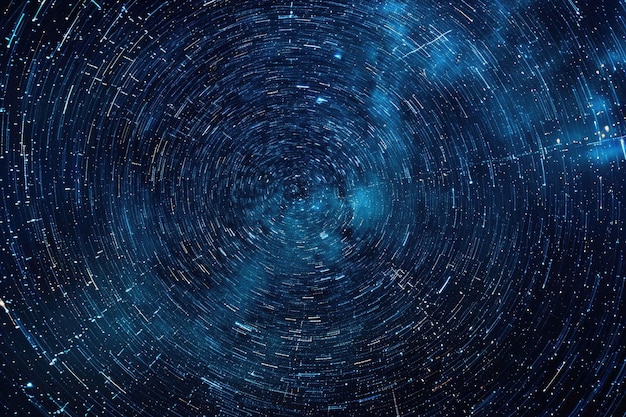 Abstract photograph of star trails on dark blue night sky background capturing rotating star lines i