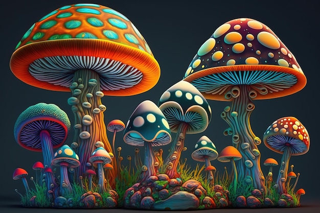 Photo abstract phychedelic mushroom in colorful neon lights generative ai