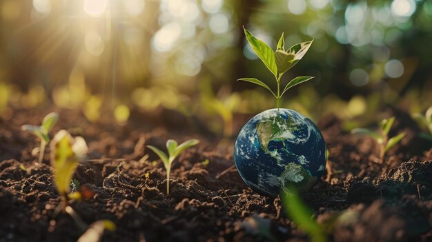 Photo abstract picture globe with sprout plant on soil represent green earth aig53