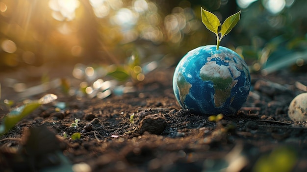 Photo abstract picture globe with sprout plant on soil represent green earth aig53