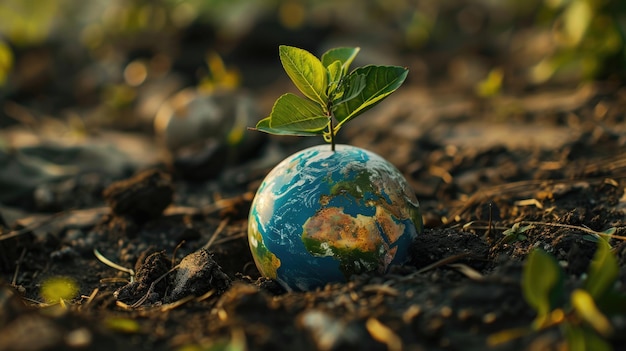 Photo abstract picture globe with sprout plant on soil represent green earth aig53