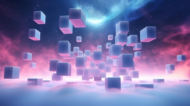 abstract pink blue neon background with glowing cloud and cube box geometric shape