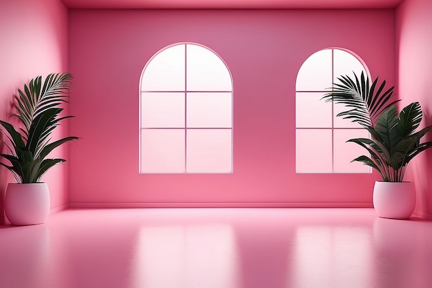 Abstract pink color gradient studio background for product presentation Empty room with shadows of window and flowers and palm leaves