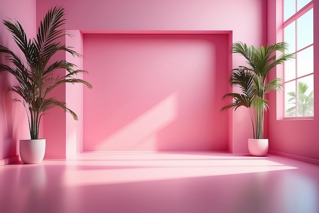 Abstract pink color gradient studio background for product presentation Empty room with shadows of window and flowers and palm leaves