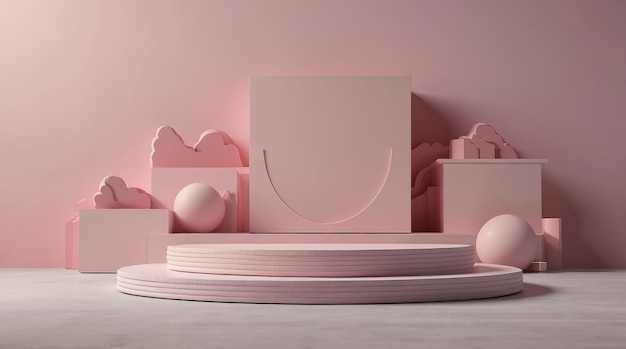 Abstract Pink Geometric Shapes with Platform and Spheres